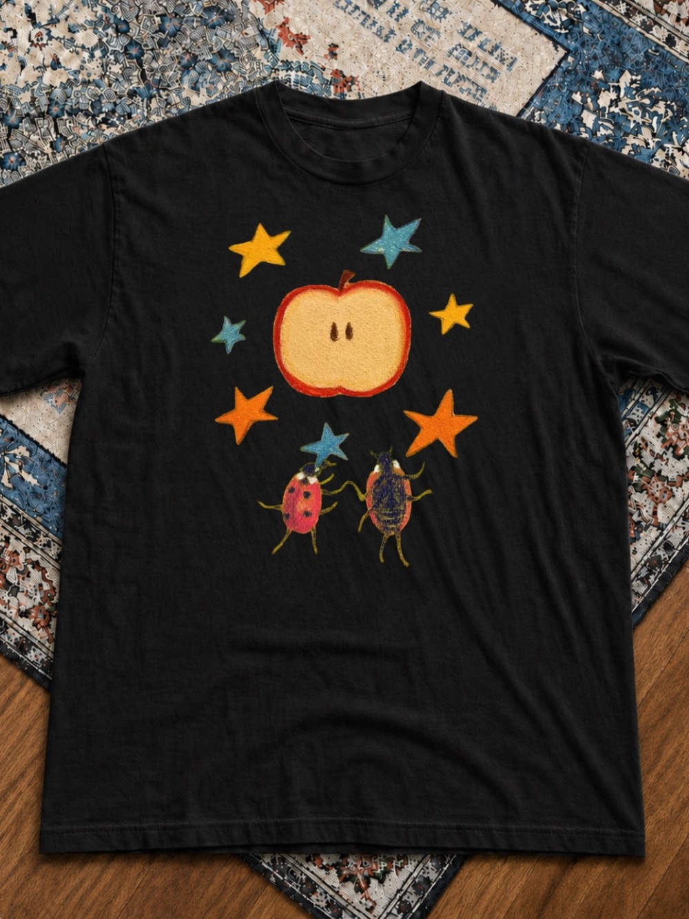 Gildan Black Tee with Playful Apple, Stars & Bug Graphics | Unisex T shirt